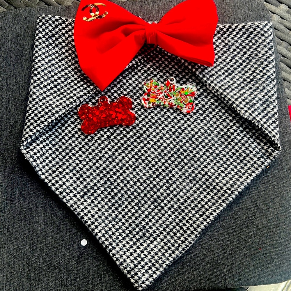 Personalized dog bandanna with red bow and dog tag